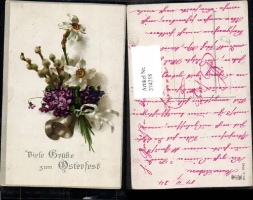 374218,Ostern Palmkätzchen Weiße Narzissen Veilchen Strauß Schleife Glocken Osterglocken