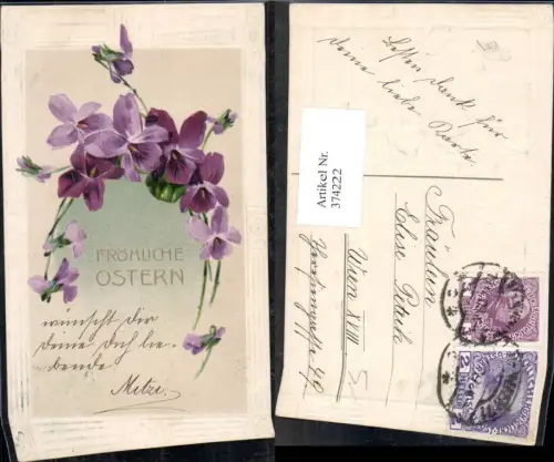 374222,Präge Litho Ostern Veilchen Blumen Ornament Goldschrift