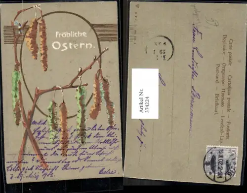 374224,Künstler Ak Handgemalt Ostern Weidenkätzchen Zweige Ei