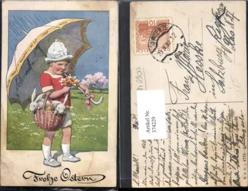 374229,Künstler Ak Ostern Bub Junge Korb m. Hasen Blumen Schirm Regenschirm pub B.K.W.I. 4719euro1