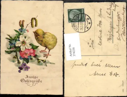 374238,Ostern Küken Blumen Palmkätzchen Vergissmeinnicht