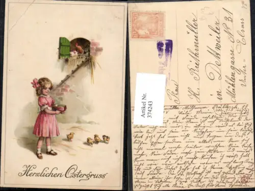 374243,Ostern Mädchen füttert Küken Hühner Hühnerstall Leiter