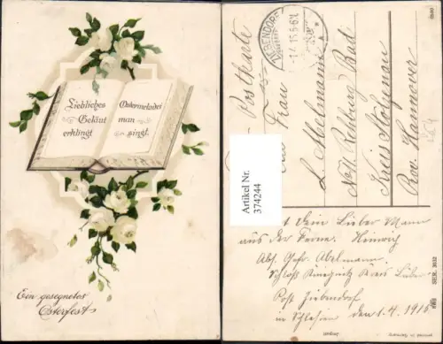 374244,Präge Litho Ostern Aufgeschlagenes Buch Weiße Rosen Blumen pub HWB 3032