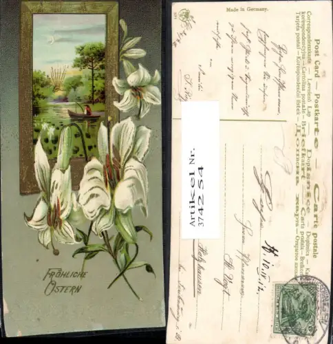 374254,Ostern Fischer Boot Passepartout Lilien Blumen Goldverzierung