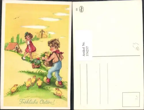 374257,Künstler Ak Ostern Kinder Leiterwagen Korb Küken Haus Landschaft