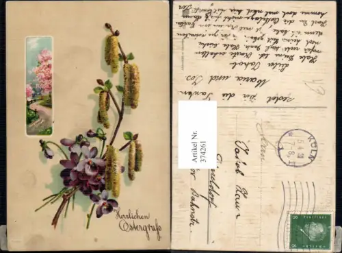 374261,Ostern Weg Baumblüte Passepartout Weidenkätzchen Veilchen Blumen