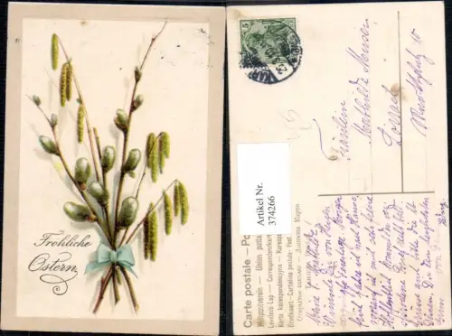 374266,Präge Litho Ostern Palmkätzchen Weidenzweige Schleife