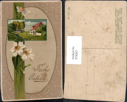 374267,Präge Ak Ostern Haus Brücke Landschaft Passepartout Narzissen Blumen