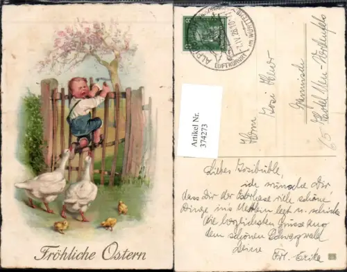 374273,Künstler Ak Ostern Bub Junge weint a. Zaun Gänse Küken Goldschrift