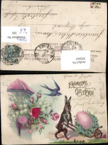 392043,Präge Litho Applikation Seide Ostern Osterhase vermenschlicht Schwalbe Blumen