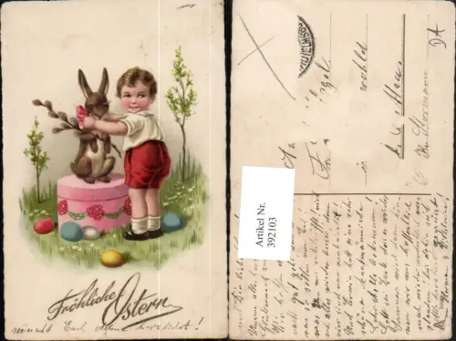 392103,Künstler AK Ostern Kind Osterhase Hase Schachtel Ostereier