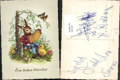 392129,Künstler AK Ostern Hase vermenschlicht Osterhase Ziehharmonika Küken Wein