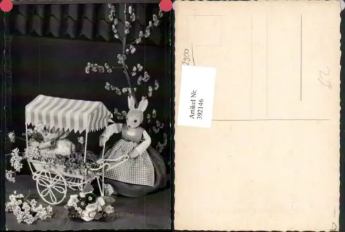 392146,Ostern Holzfigur Osterhase Hase Wagen Blumen Palmkätzchen