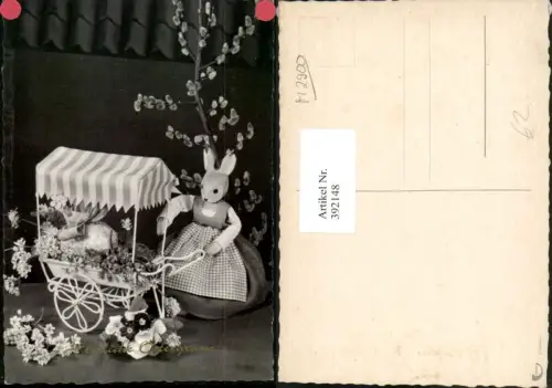 392148,Ostern Holzfigur Osterhase Hase Wagen Blumen Palmkätzchen