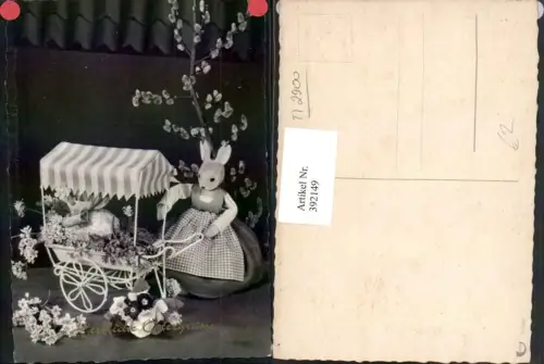 392149,Ostern Holzfigur Osterhase Hase Wagen Blumen Palmkätzchen