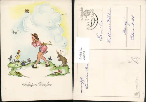 392155,Künstler AK E. v. R. Ostern Kind Mädchen Osterhase Hase Küken