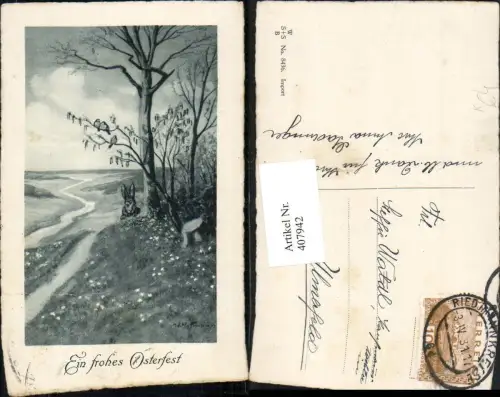 407942,Künstler AK Ad. Hoffmann Ostern Landschaft Osterhase Hase