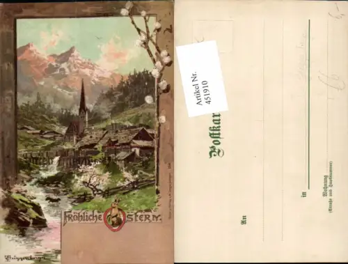451910,Künstler Litho T. Guggenberger Ostern Landschaft Dorf Bergkulisse