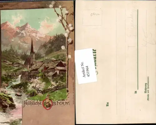 451964,Künstler AK T. Guggenberger Ostern Landschaft Dorf Bergkulisse