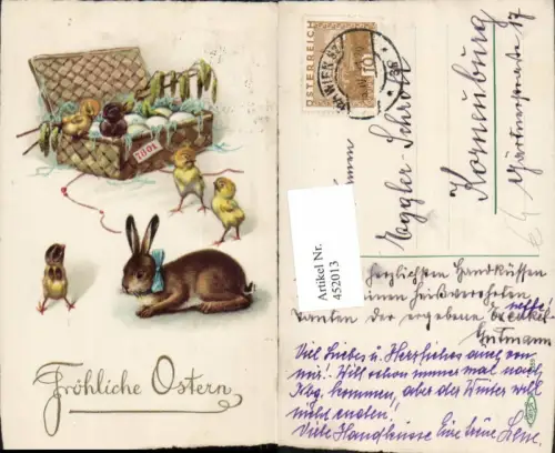 452013,Künstler AK Ostern Osterhase Hase Küken Korb Eier