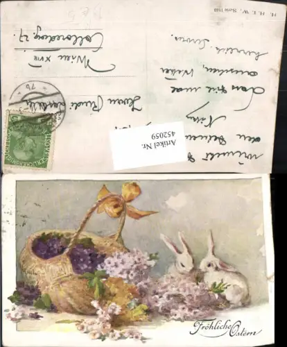 452059,Künstler AK Ostern Korb Blumen Hasen Osterhase