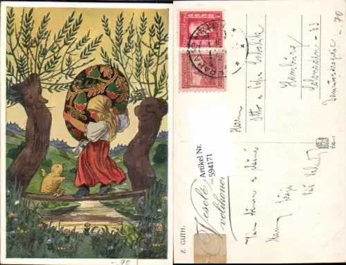 594171,Künstler AK Z. Guth Ostern Küken Kind Osterei Frosch Bäume vermenschlicht Baumgesicht