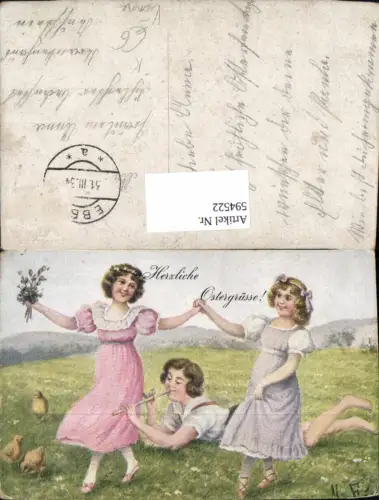 594522,Künstler Ak M. F. Ostern Mädchen Tanzen Bub Junge m. Flöte Küken