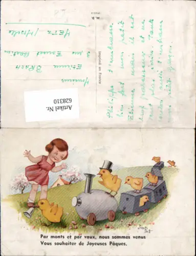 628310,Künstler Ak Jim Patt Eisenbahn Ei als Lok Küken Kind Ostern Spruch Joyeuses Paques
