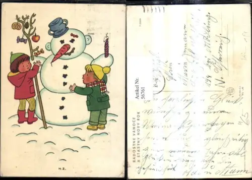 56761,Künstler Ak H. Z. Schneemann Kinder Karotte Kerze Apfel
