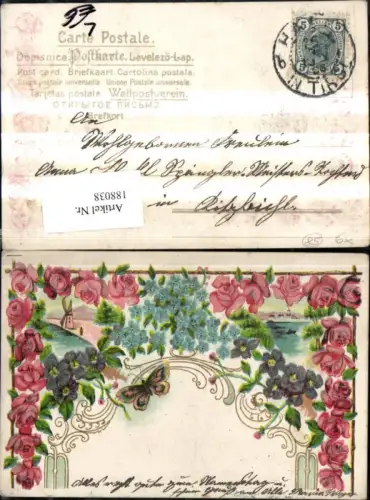 188038,Glückwunsch Präge Litho Landschaft Blumen Rosen Schmetterling