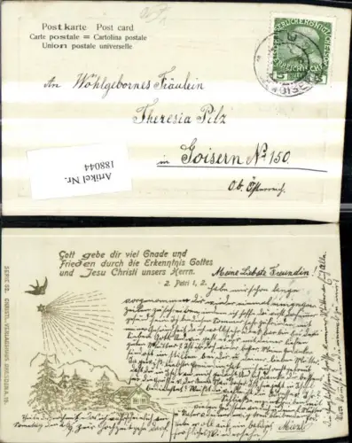 188044,Glückwunsch Präge Ak Haus Bäume Taube Stern Spruch Goldverzierung pub Christl. Verlagshaus Dresden