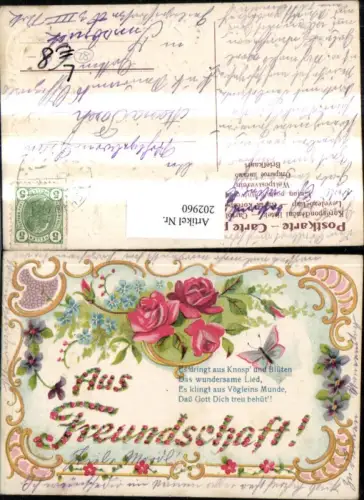 202960,Präge Litho AK „Aus Freundschaft“ Gedicht Rosen Blumen Veilchen Schmetterling