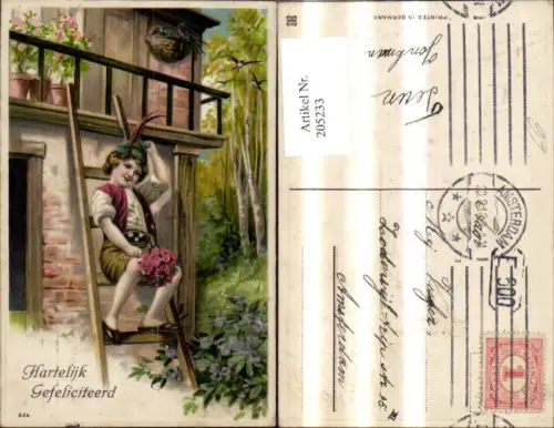 205233,Präge Ak Hartelijk Gefeliciteerd Junge Bub i. Lederhose Tracht a. Leiter Blumen Rosen Strauß