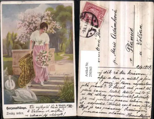 250363,Künstler AK K. Hänsel Herzensklänge Frau m. Kleid Blumen Steige Geländer Schwäne
