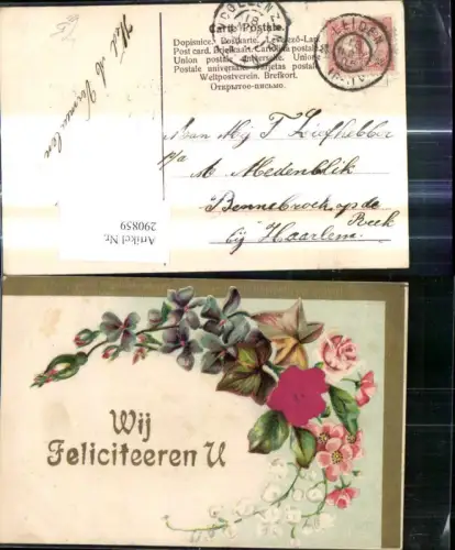290859,Präge Litho m. Satinblume Rosen Blumen Veilchen Maiglöckchen