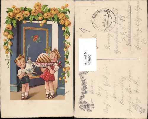 409665,Künstler AK Kinder m. Kuchen Kanne Tür Blumen
