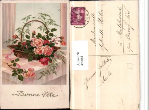 492061,Künstler AK Bonne Fete Korb Rosen Blumen