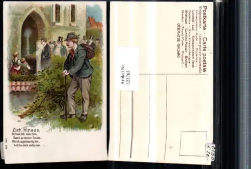 323763,Präge Künstler Litho Spruch Zitat Zieh hinaus Hochzeit Mann m. Hut Rucksack Stock