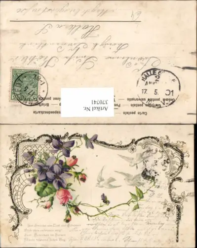370741,Glitzer Litho AK Spruch Text Tauben Blumen Veilchen Rosen