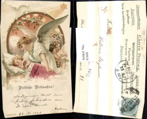 61668,Künstler Litho R. Kratki Weihnachten Kind schläft Engel a. Bett Stern Passepartout