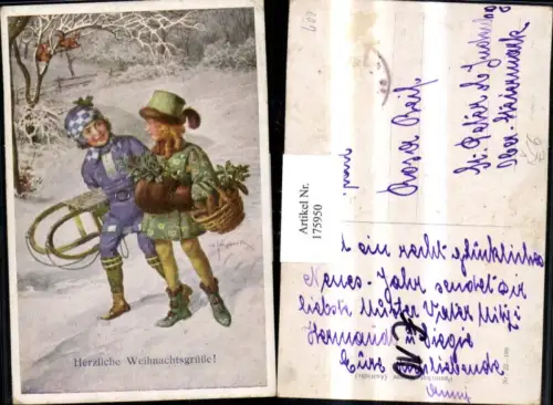 175950,Weihnachten Künstler AK H. Schuberth Kinder m. Hauben Schlitten Korb Tannenzapfen pub Pantophot