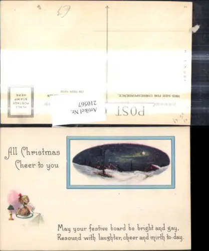 210567,Künstler Ak Weihnachten Winterlandschaft b. Mondschein Passepartout Mädchen m. Kuchen Text