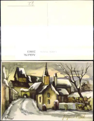 210815,Künstler Ak R. Pricert Kirche Winterdorf Weihnachten Goldverzierung