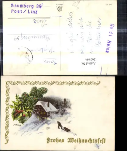 265844,Künstler Ak F. Milan Weihnachten Mann m. Schlitten Haus Winterlandschaft Tannenzweig Stechpalmen