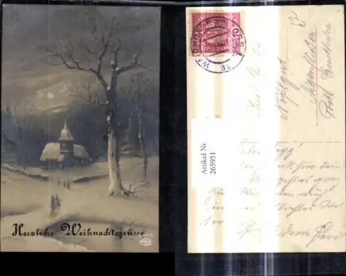 265951,Künstler Ak Weihnachten Leute spazieren z. Kirche Winterwald b. Mondschein