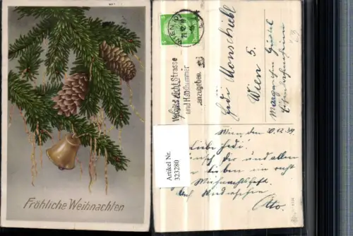 323280,Künstler AK Weihnachten Tannenzweige Zapfen Glocke pub Erika 6234