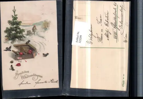 323299,Künstler AK Weihnachten Winterlandschaft Koffer Sekt Vögel Schlitten
