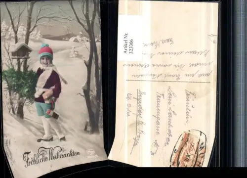 323306,Künstler AK Weihnachten Winterlandschaft Kind Haube Geschenk Vogelhaus