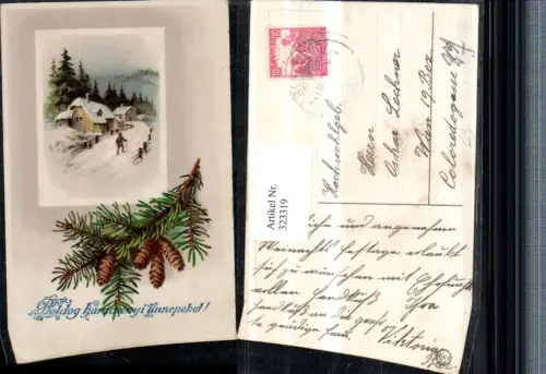 323319,Künstler AK Weihnachten Winterlandschaft Häuser Tannenzweig Zapfen