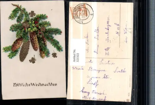 323322,Präge Künstler AK Goldverzierung Weihnachten Tannenzweige Zapfen Klee